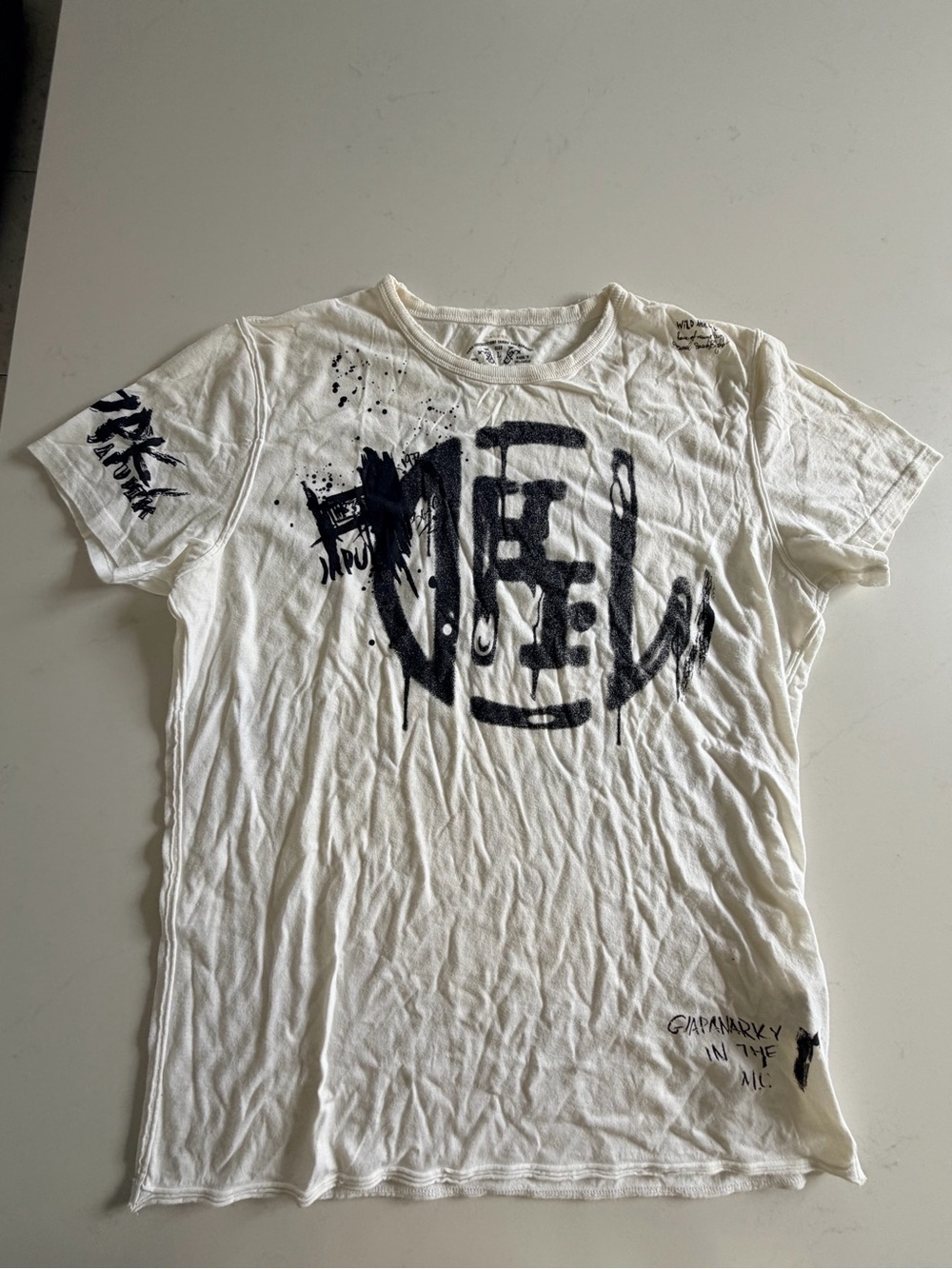 Y2K Diesel White Graphic Crew Neck T-Shirt with Black Print